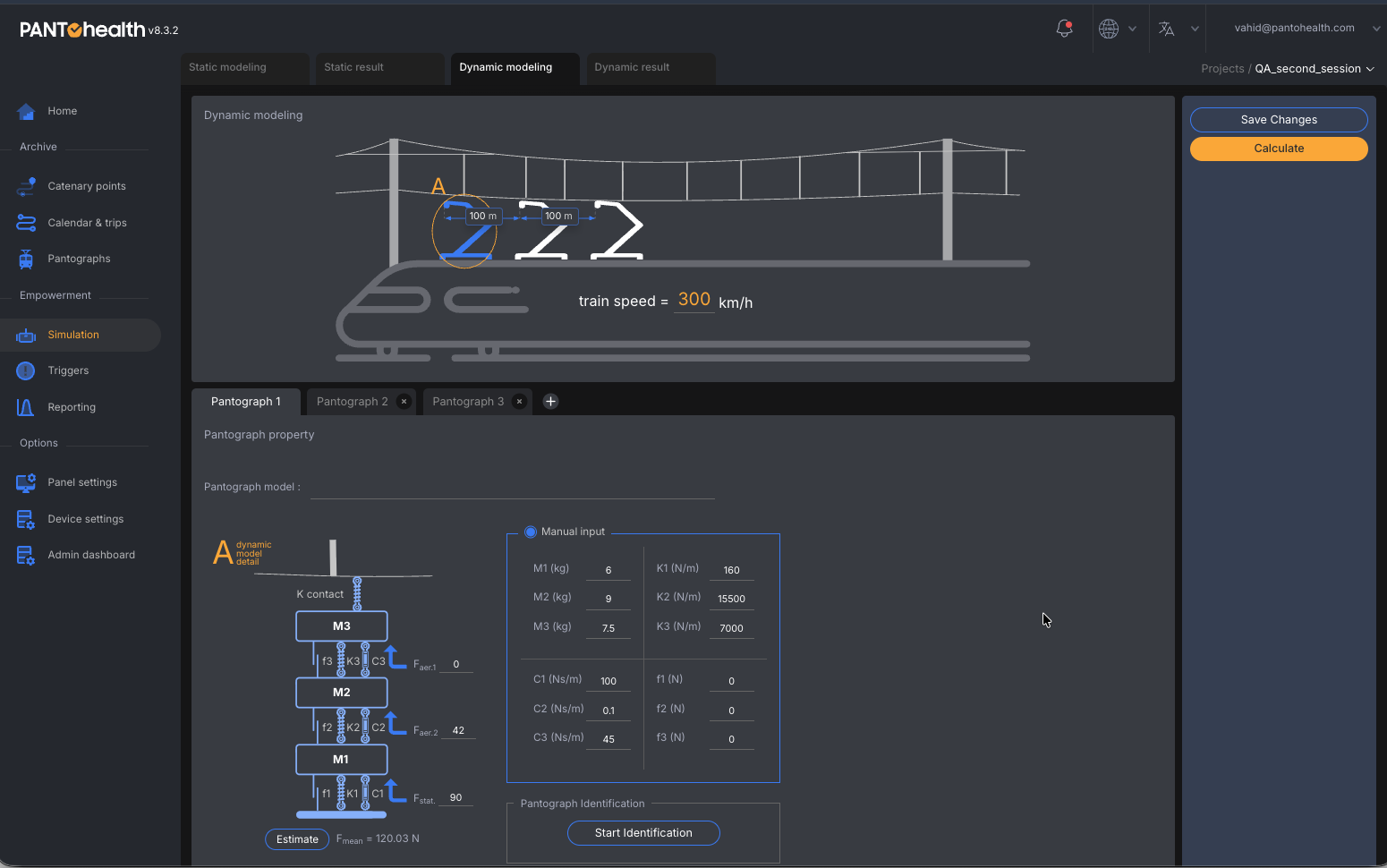 PANTO Simulation dynamic simulation inputs — pantograph mass-spring-damper model, forces and train speed