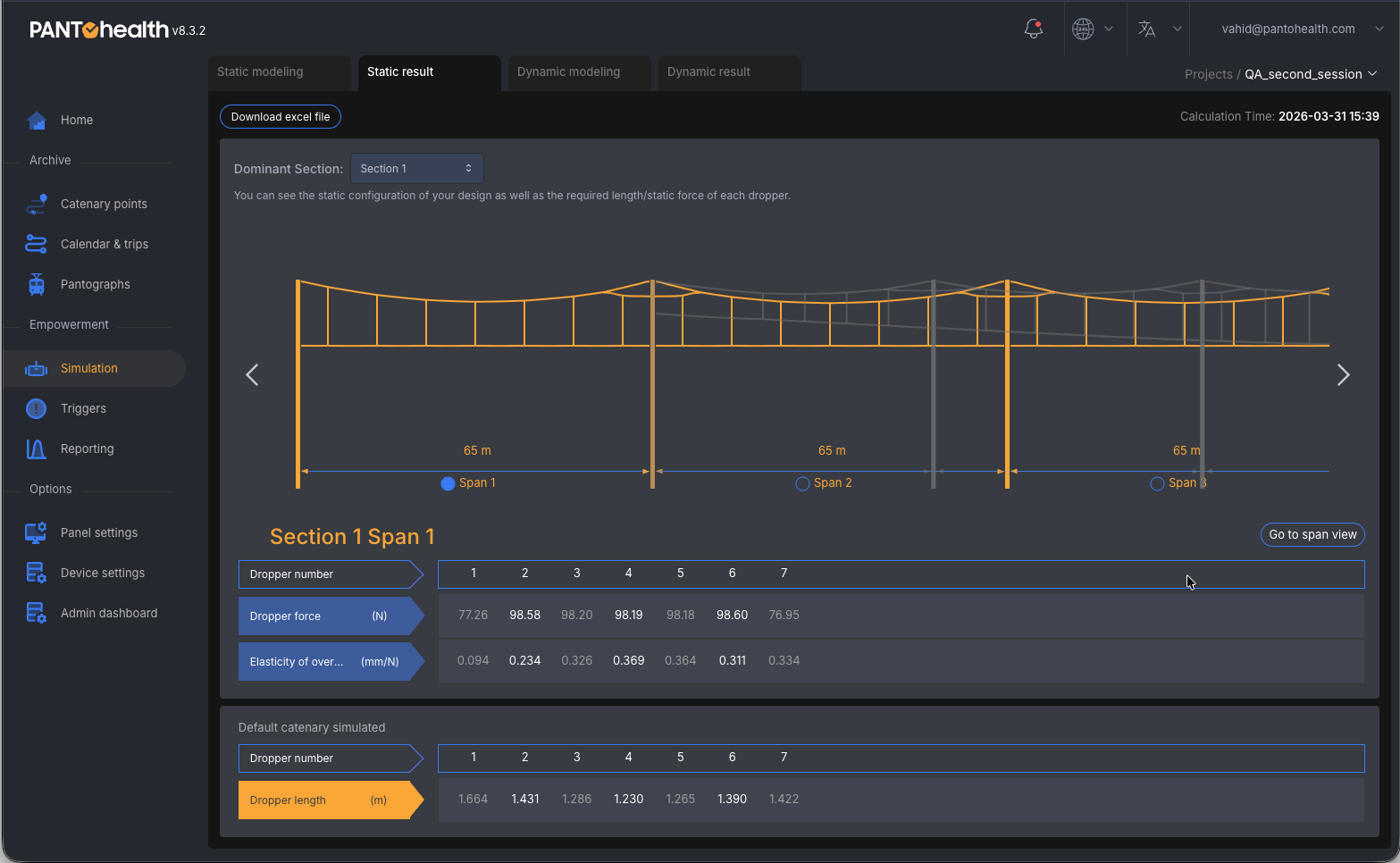 PANTO Simulation static simulation results — dropper length, static force and OCL elasticity