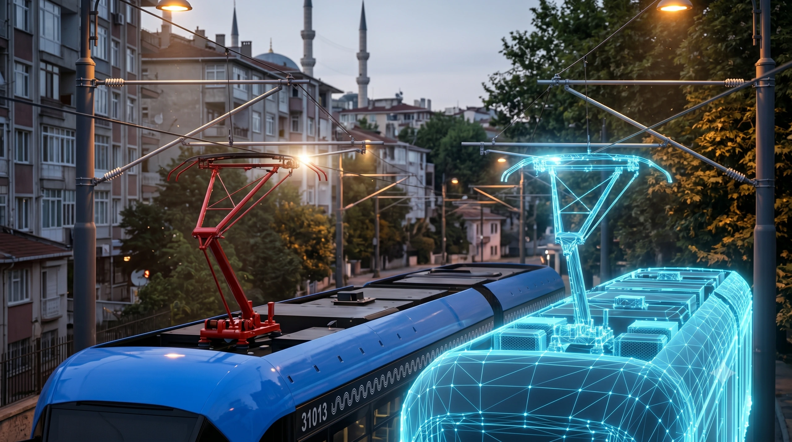 A live tram with a real pantograph alongside its digital-twin simulation overlay